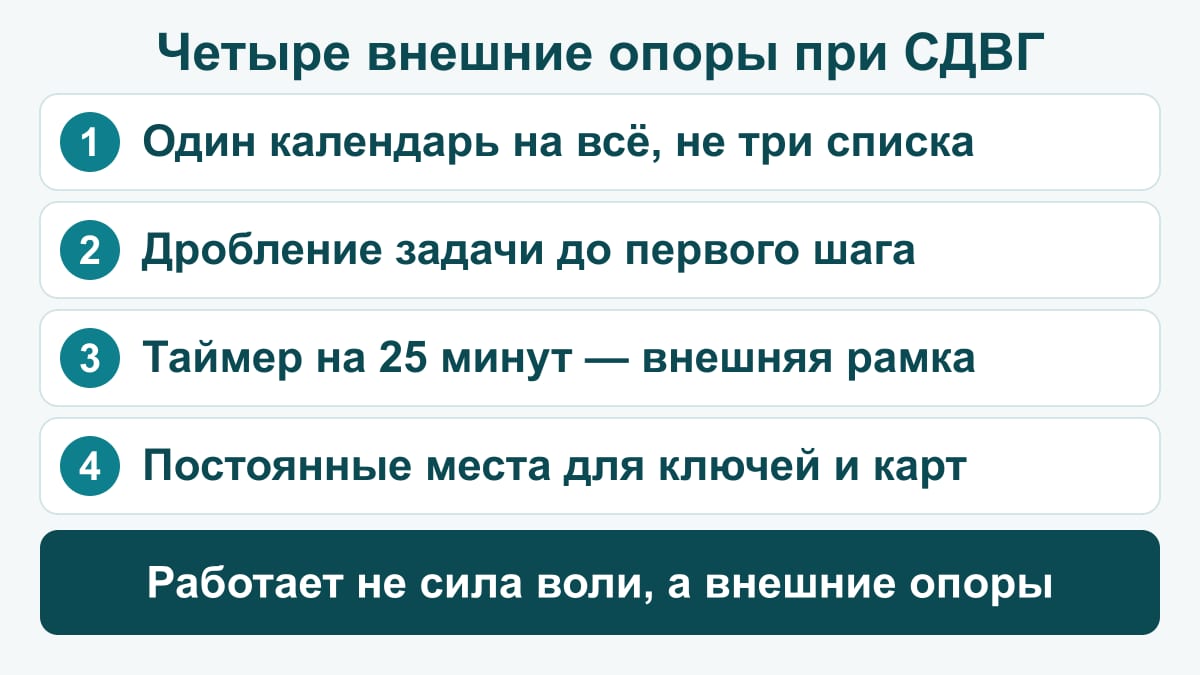 Схема: четыре внешние опоры взрослого с СДВГ — один календарь на всё вместо трёх списков, дробление задачи до первого шага, таймер на 25 минут, постоянные места для вещей; работает не сила воли, а внешние опоры